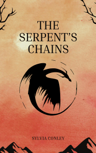 Book cover for The Serpent's Chains by Sylvia Conley. A sunset background with a graphic of a dragon circling itself in the center. 