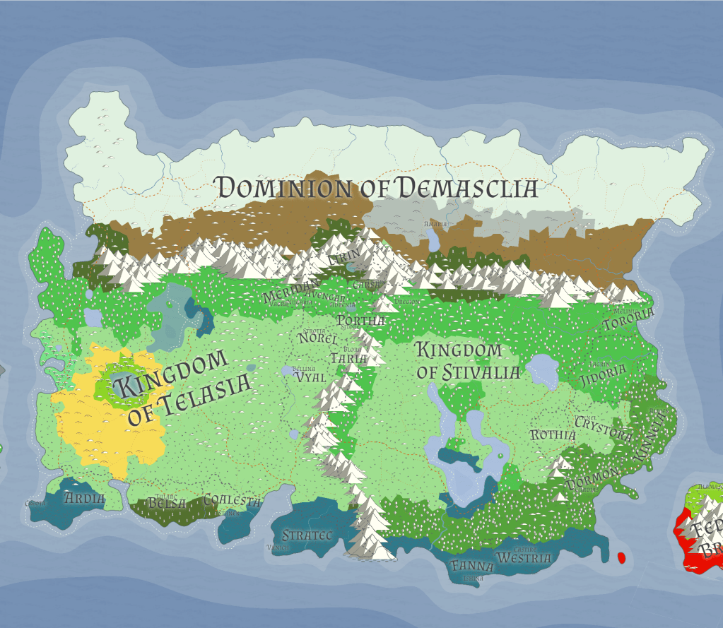 A fantasy world map for The Serpent's Chains depicting countries, capitals, and Biomes