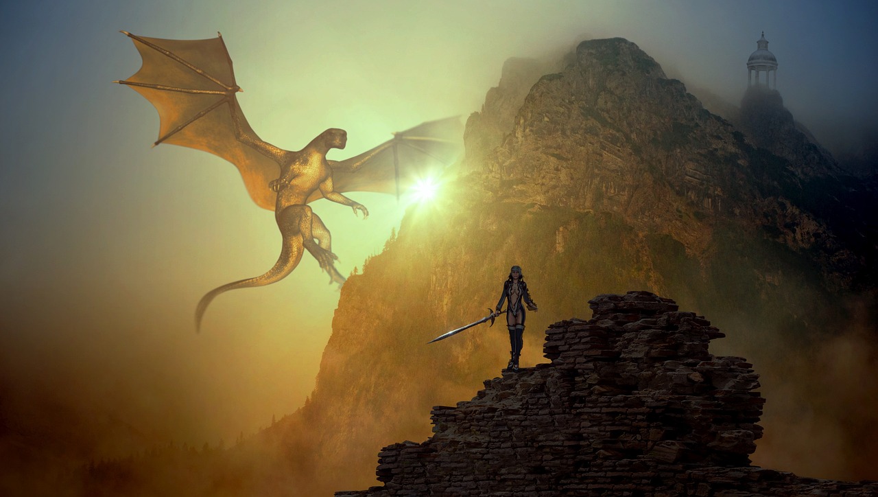 Dragon flying to a mountain with a woman warrior standing in the foreground. 