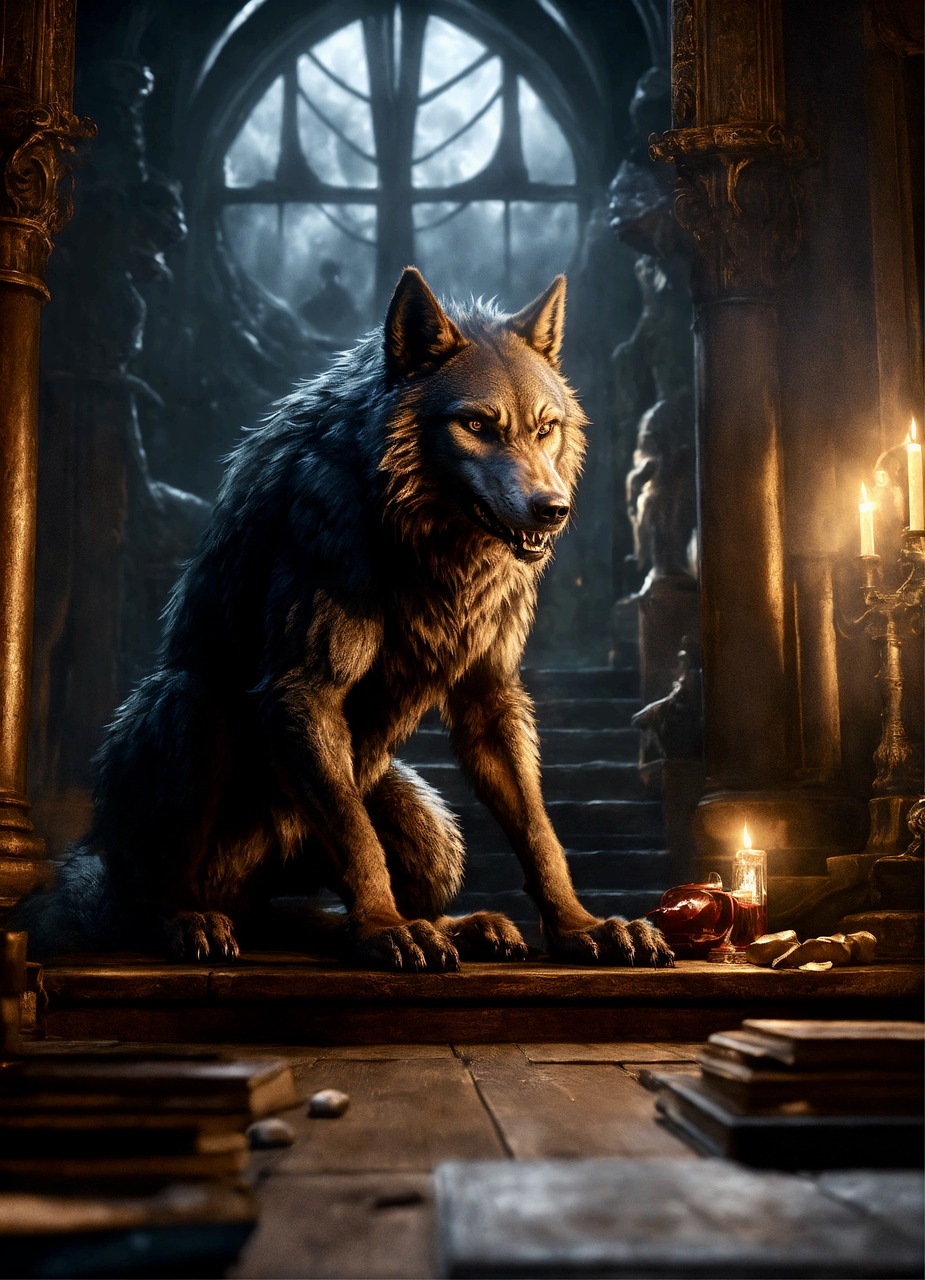 Large werewolf in an underground library with books and candles scattered around