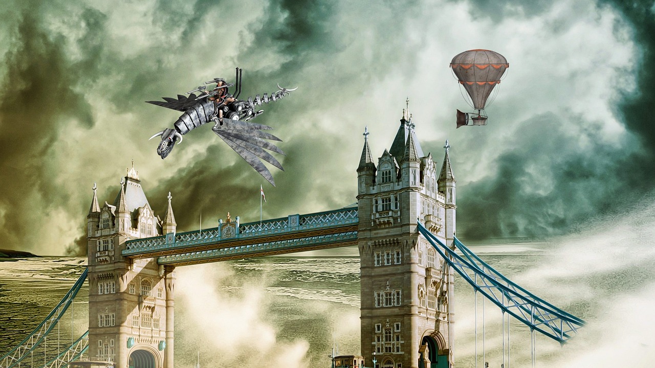 Bridge between two castle turrets with a hot air balloon and metallic, dragon shaped plane flying overhead.