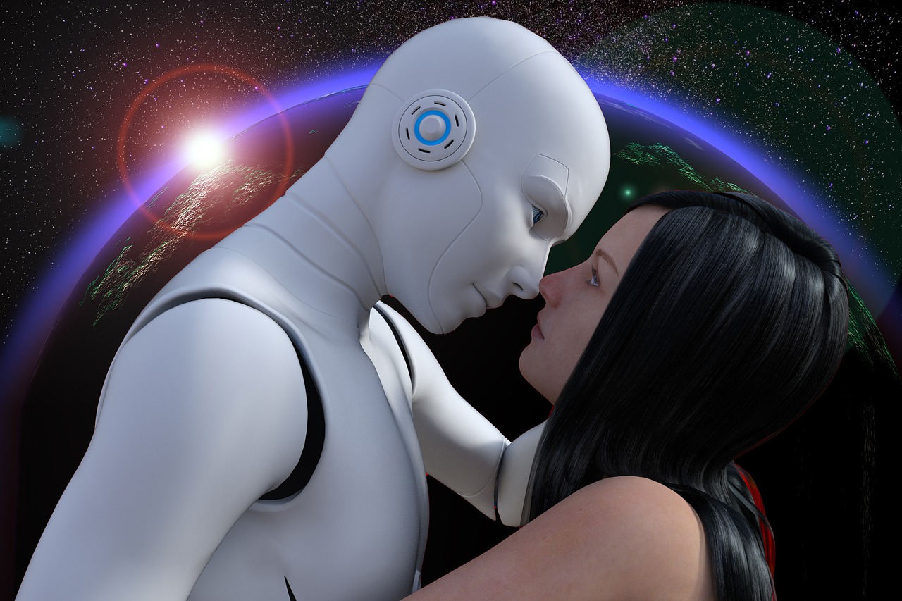 A woman and android robot leaning in for a kiss with planet and stars in the background