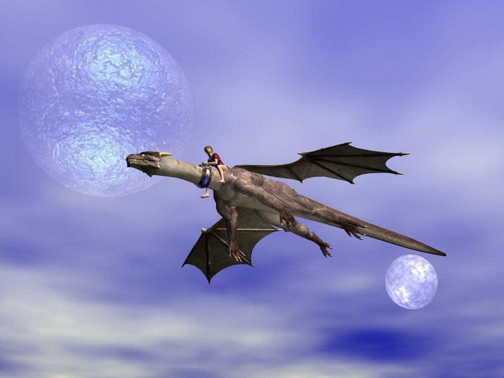 A dragon soaring through the sky with a rider on it's neck