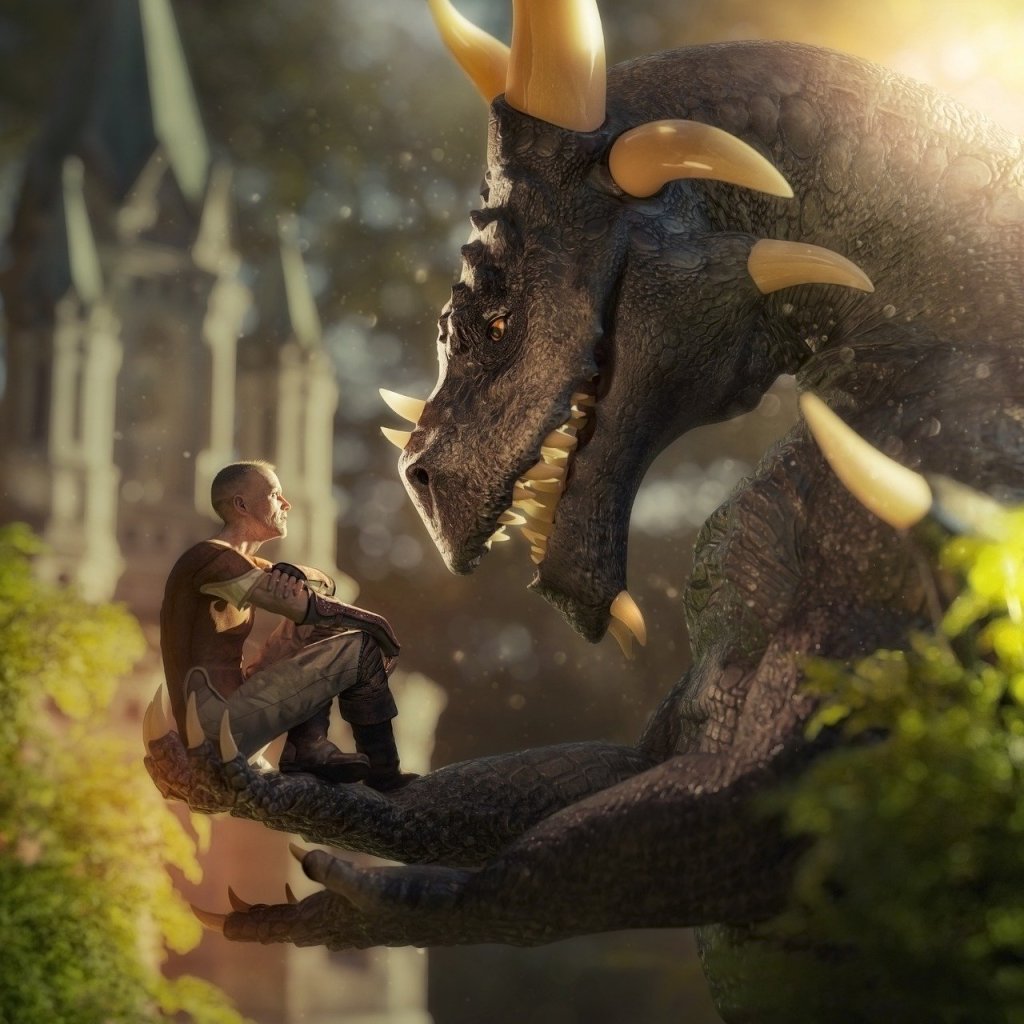 A man sitting in a dragon's paw, talking to the dragon in a forest