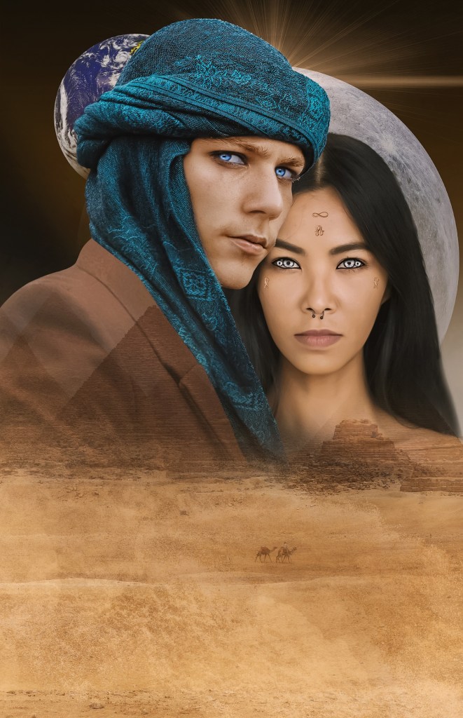 A Scifi/fantasy image of a man with bright eyes and a turban and a woman with a nose ring, a desert landscape below them, and the earth and moon in the background