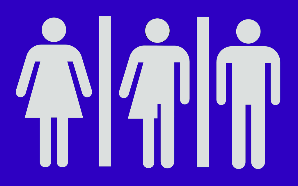 Bathroom sign divided into three segments. Left hand section has a woman, central image has a woman and man spliced together, right hand section has a man.