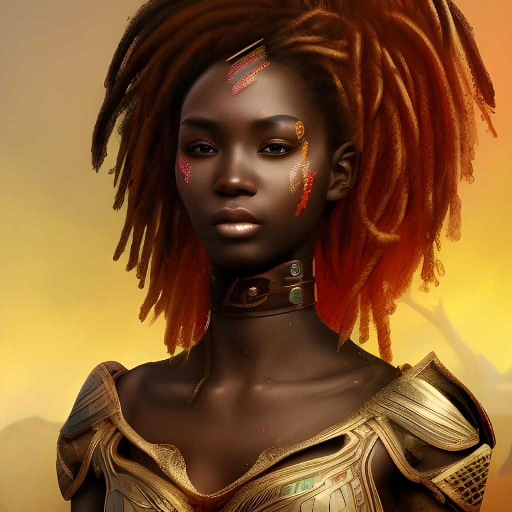 African American woman warrior with armor and face paint.