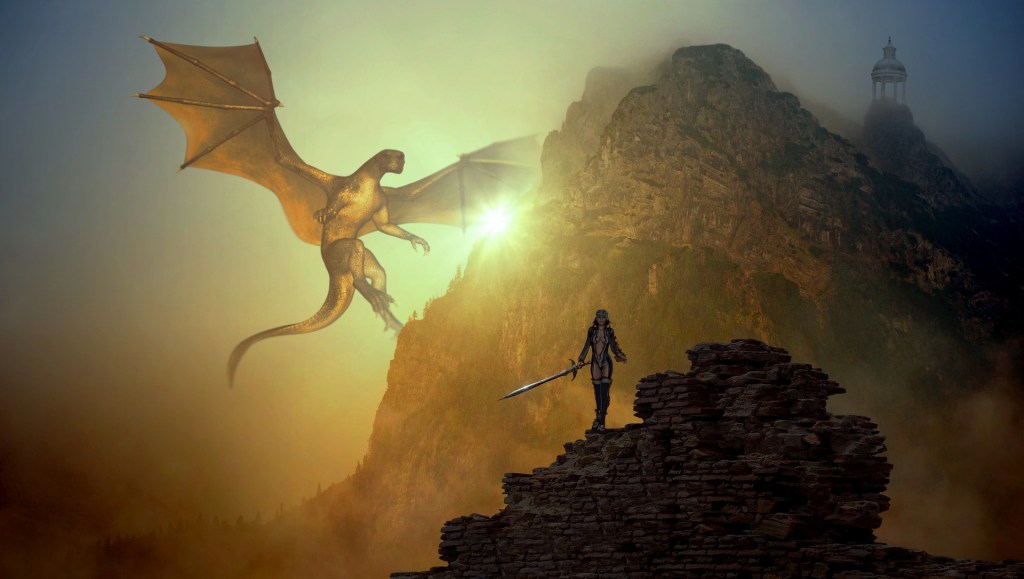 Dragon landing on a cliff with the sun behind it and a woman with a sword standing in the foreground